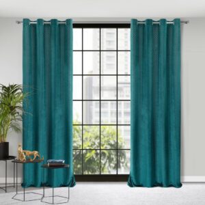 Zasłona 140x250 Lussi turkusowa ciemna gotowa na przelotkach welurowa z żakardowym wzorem Eurofirany