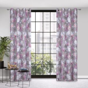Zasłona 140x250 Sherry srebrna różowa z kwiatowym nadrukiem z lekkiej półtransparentnej etaminy gotowa na przelotkach Eurofirany