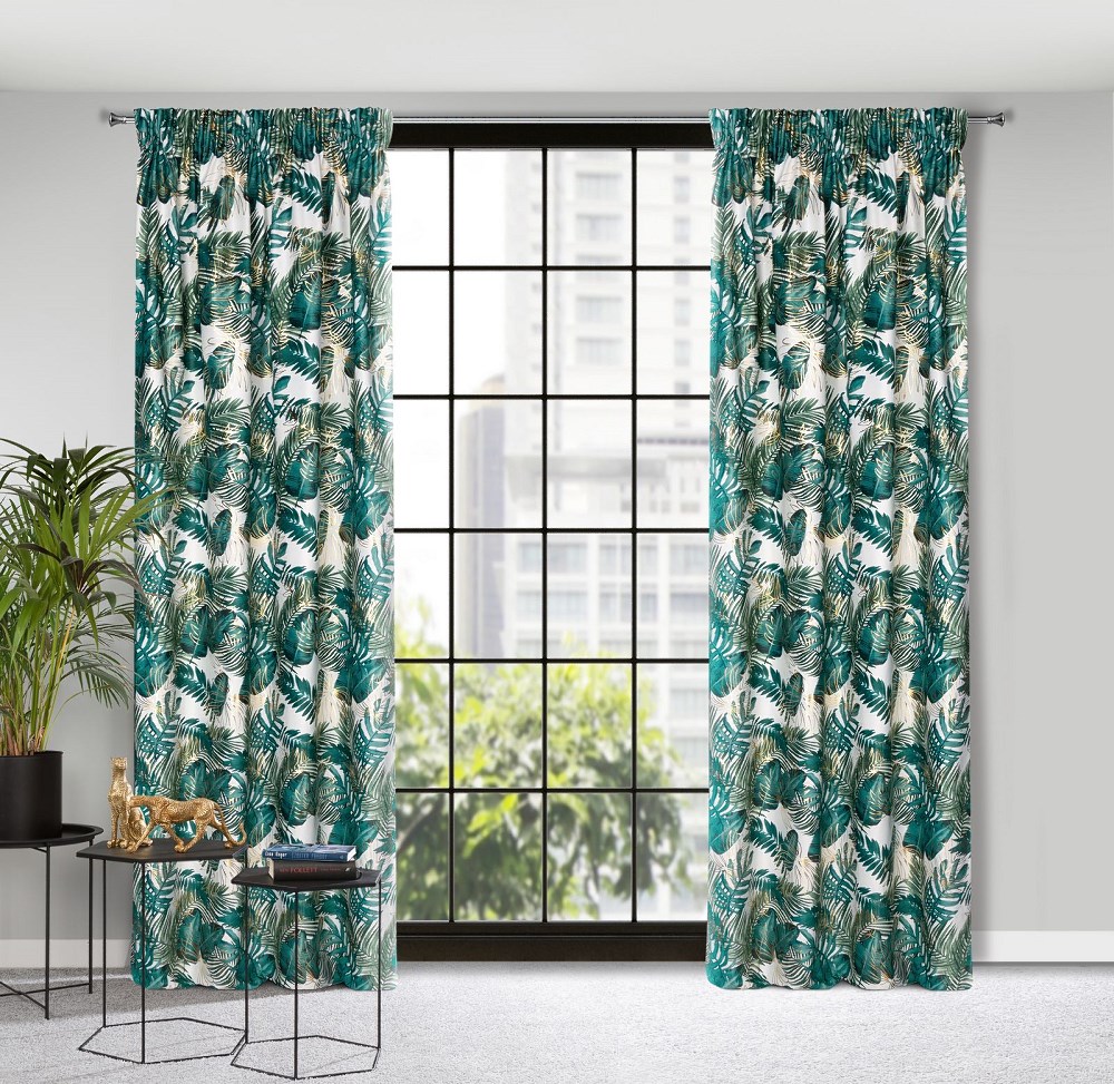 Zasłona Davos 140x270 biała zielona liście gotowa na taśmie welurowa ze złotym nadrukiem Eurofirany - obrazek 3