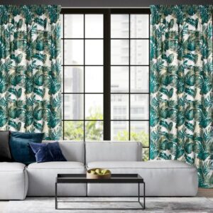 Zasłona Davos 140x270 biała zielona liście gotowa na taśmie welurowa ze złotym nadrukiem Eurofirany