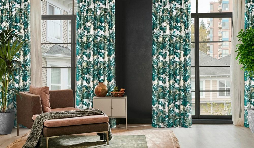 Zasłona Davos 140x270 biała zielona liście gotowa na taśmie welurowa ze złotym nadrukiem Eurofirany - obrazek 6