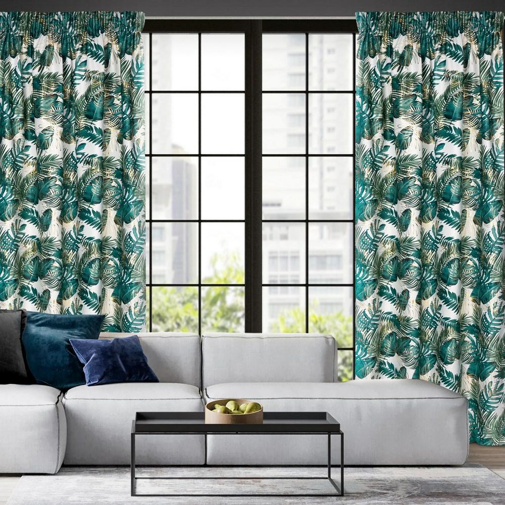 Zasłona Davos 140x270 biała zielona liście gotowa na taśmie welurowa ze złotym nadrukiem Eurofirany