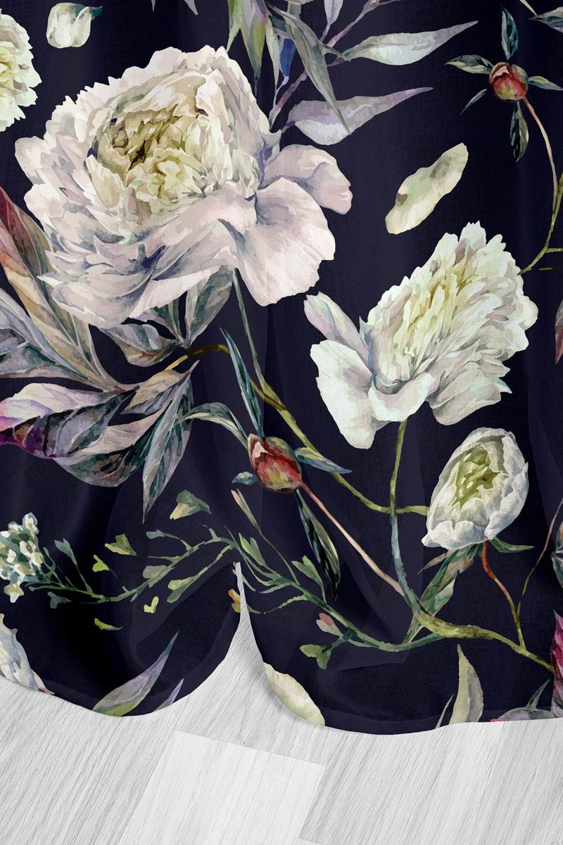 Zasłona Peony 140x250 peonie kwiaty czarna gotowa na przelotkach do salonu - obrazek 3