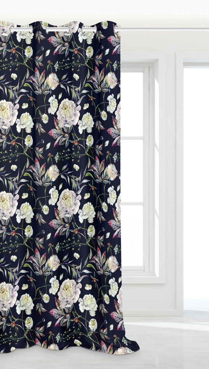 Zasłona Peony 140x250 peonie kwiaty czarna gotowa na przelotkach do salonu - obrazek 2