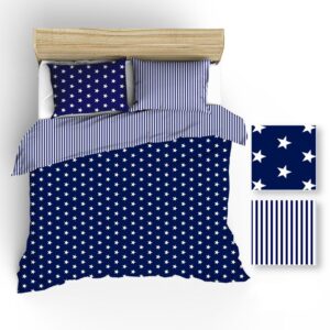 Pościel bawełniana 140x200 R006 biała granatowa gwiazdki paski 51N 52N