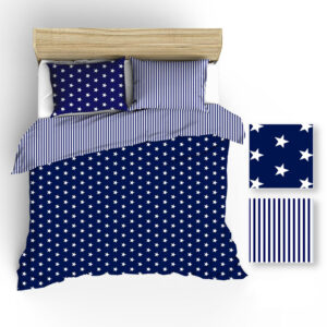 Pościel bawełniana 200x220 R006 biała granatowa gwiazdki paski 51N 52N