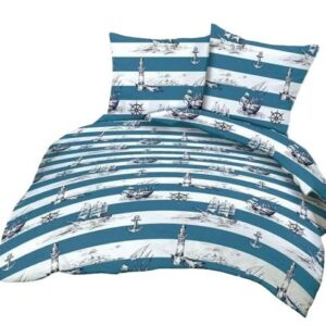 Pościel z kory 140x200 Marynarska Statki Kotwice Latarnia Morska na guziki 100% bawełna gruba